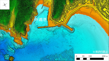 ～東伊豆の釣り場案内　下田市エリア　～　外浦港（そとうらこう）海底地形図　水深段彩図