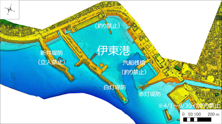 ～東伊豆の釣り場案内　熱海市～伊東市エリア　～　伊東港（いとうこう）海底地形図　水深段彩図