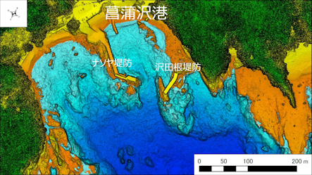 ～東伊豆の釣り場案内　河津町エリア　～　菖蒲沢港（しょうぶさわこう）海底地形図　水深段彩図