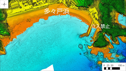 ～東伊豆の釣り場案内　下田市エリア　～　多々戸浜（たたどはま）海底地形図　水深段彩図