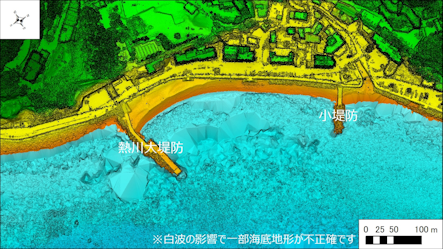 ～東伊豆の釣り場案内　東伊豆町エリア　～　熱海川大堤防（あたがわだいていぼう）海底地形図　水深段彩図
