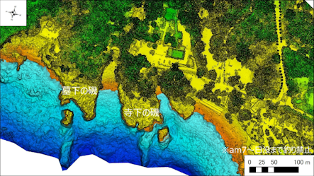 ～東伊豆の釣り場案内　熱海市～伊東市エリア　～　寺下の磯（てらしたのいそ）海底地形図　水深段彩図