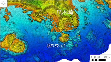 ～東伊豆の釣り場案内　下田市エリア　～　爪木崎（つめきざき）海底地形図　水深段彩図