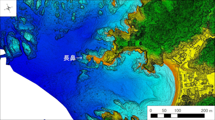 西伊豆釣り場紹介~西伊豆町エリア~ 長鼻(ながはな)海底地形図 水深段彩図