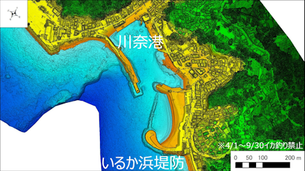 ～東伊豆の釣り場案内　熱海市～伊東市エリア　～　川奈港・いるか浜堤防（かわなこう・いるかはまていぼう）海底地形図　水深段彩図