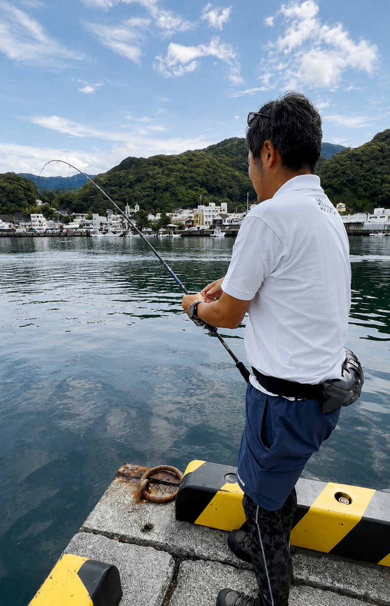釣りドコ ブログ ごっとりくんの釣り日記　釣り場を予約できる？漁港で安心して釣りが楽しめる「海釣りGO」を利用してみた件　～釣行編～　田子漁港　大物とファイトするTAKAP　釣り写真