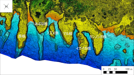 ～東伊豆の釣り場案内　熱海市～伊東市エリア　～　カンノンガ根（かんのんがね）海底地形図　水深段彩図