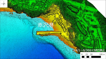 ～東伊豆の釣り場案内　熱海市～伊東市エリア　～　赤沢港（あかさわこう）海底地形図　水深段彩図