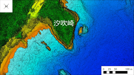 ～東伊豆の釣り場案内　熱海市～伊東市エリア　～　汐吹崎（しおふきざき）海底地形図　水深段彩図