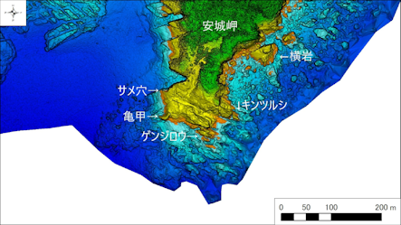 西伊豆釣り場紹介~西伊豆町エリア~ 安城岬(あじょうみさき)海底地形図 水深段彩図