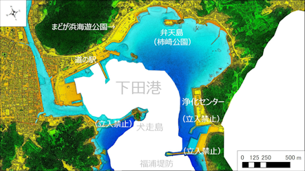～東伊豆の釣り場案内　下田市エリア　～　下田港（しもだこう）海底地形図　水深段彩図