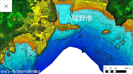 ～東伊豆の釣り場案内　熱海市～伊東市エリア　～　八幡野港（やはたのこう）海底地形図　水深段彩図
