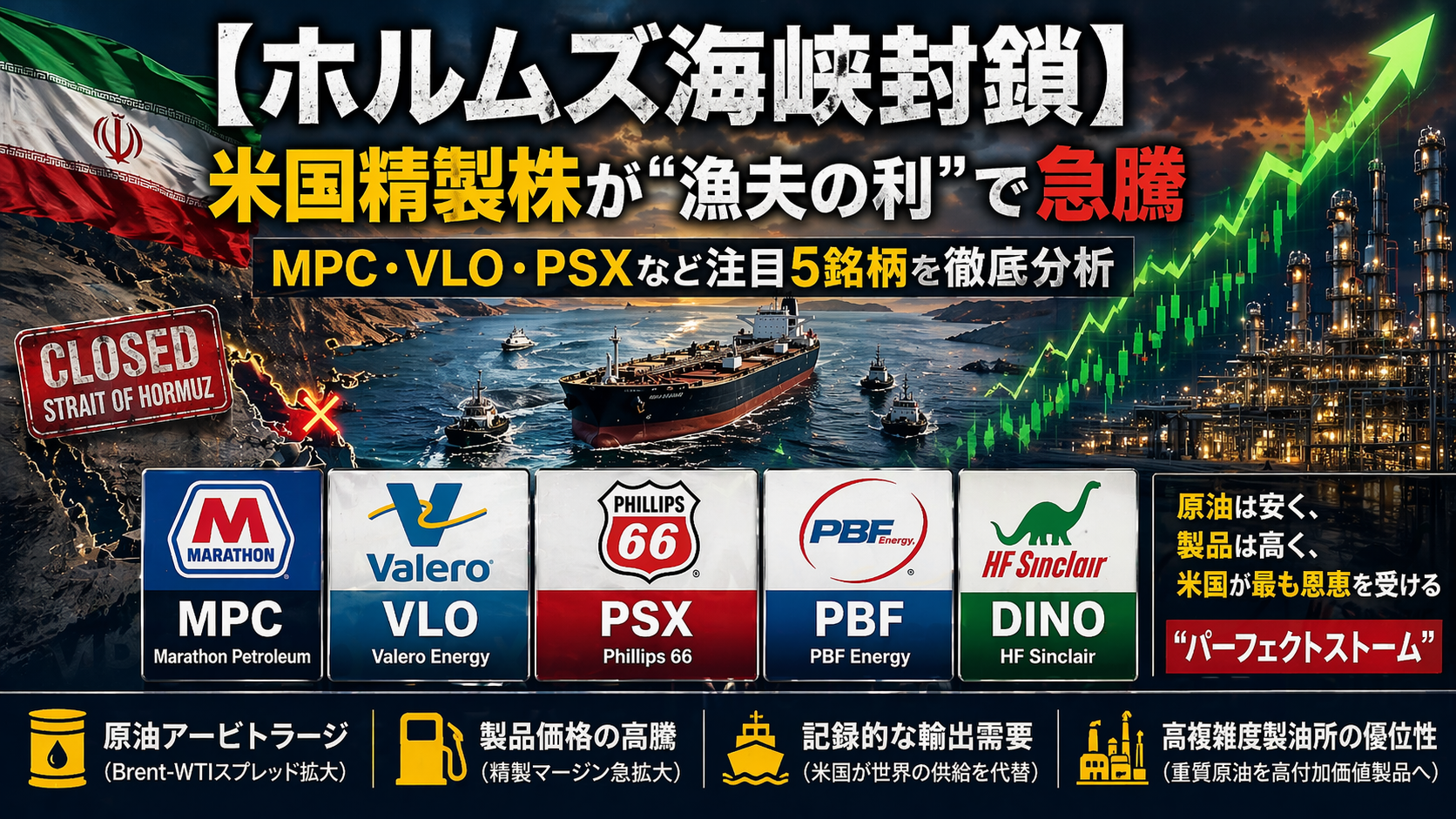【ホルムズ海峡封鎖】米国精製株が"漁夫の利"で急騰｜MPC・VLO・PSXなど注目5銘柄を徹底分析
