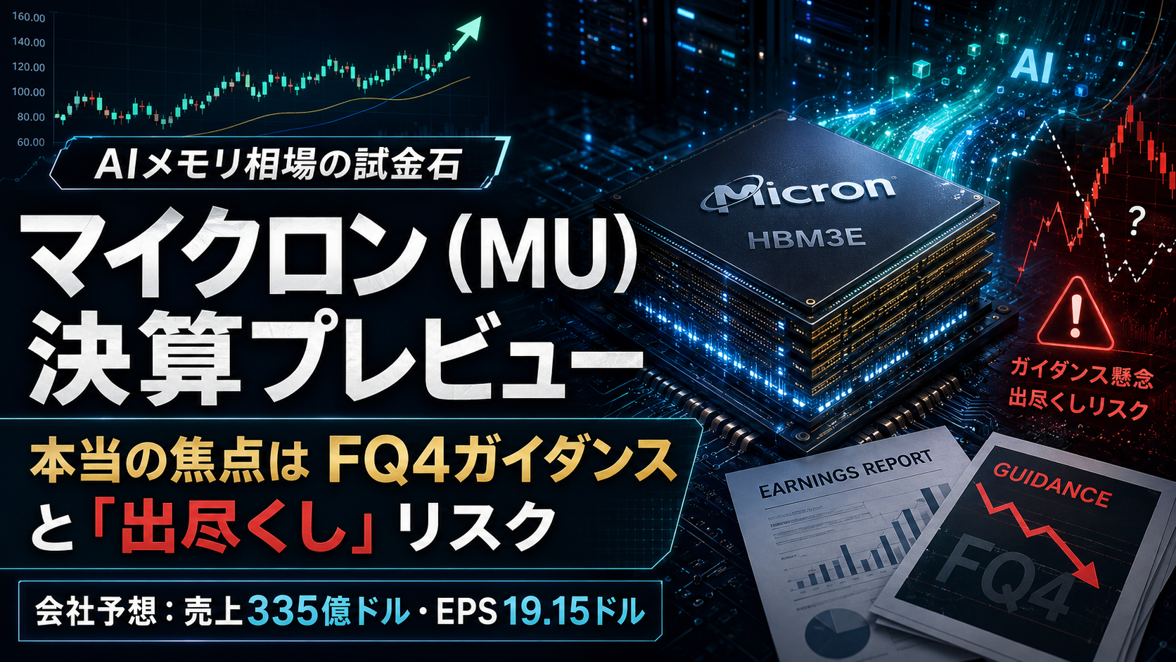 マイクロン（MU）決算プレビュー｜会社予想は売上335億ドル・EPS19.15ドル──本当の焦点は「次の四半期ガイダンス」と"出尽くし"リスク