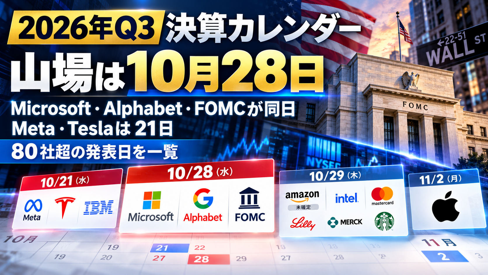 【2026年Q3決算カレンダー】山場は10月28日｜Microsoft・Alphabet・FOMCが同日、Meta・Teslaは21日 80社超の発表日を一覧