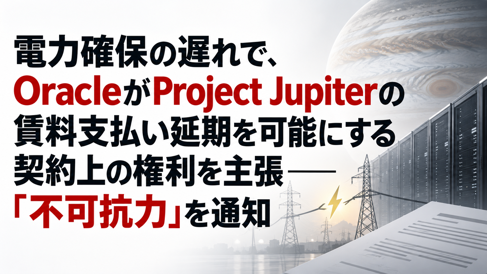 電力確保の遅れで、OracleがProject Jupiterの賃料支払い延期を可能にする契約上の権利を主張──「不可抗力」を通知