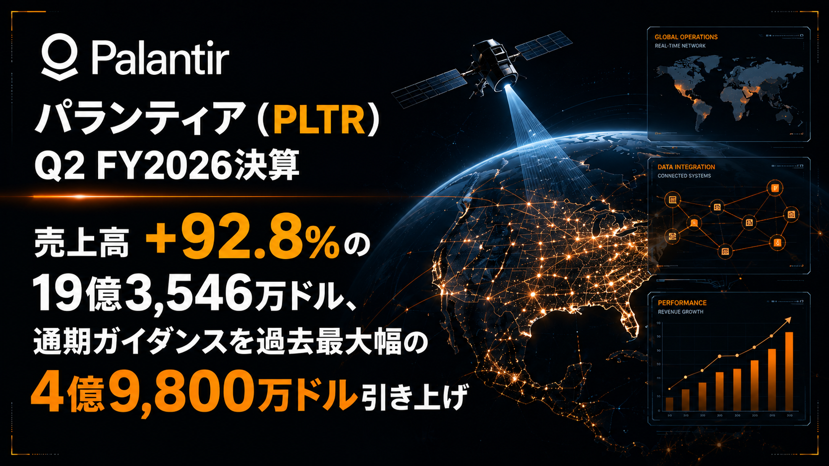パランティア（PLTR）Q2 FY2026決算 ― 売上高+92.8%の19億3,546万ドル、通期ガイダンスを過去最大幅の4億9,800万ドル引き上げ
