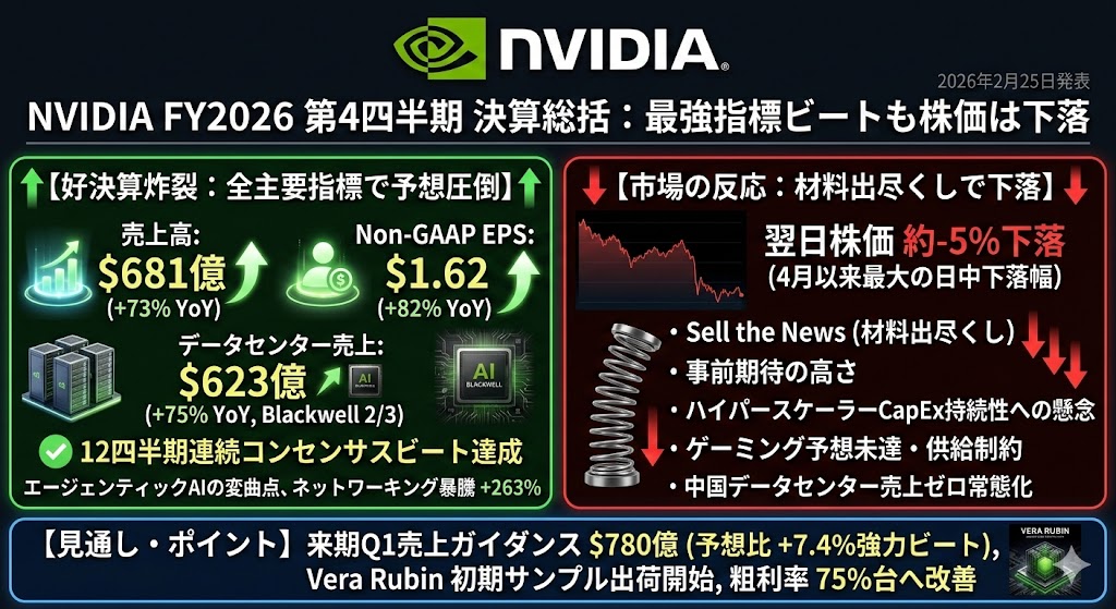 NVIDIA（NVDA）FY2026 Q4決算まとめ｜売上+73%、ガイダンス上振れでも株価下落