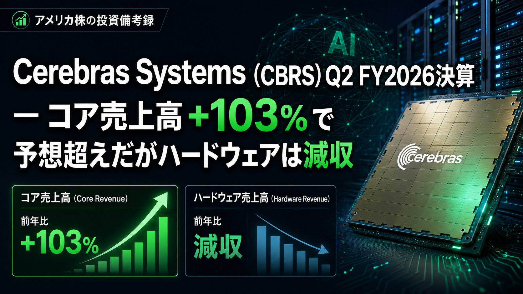 Cerebras Systems（CBRS）Q2 FY2026決算 ― コア売上高+103%で予想超えだがハードウェアは減収