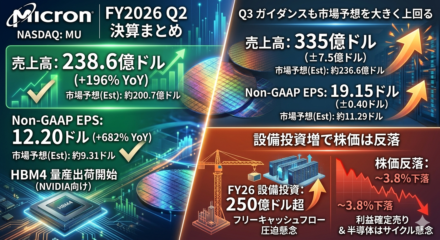 Micron Technology（MU）FY2026 Q2決算まとめ｜売上・EPSが大幅ビート、Q3ガイダンスも市場予想を大きく上回るも設備投資増で株価は反落