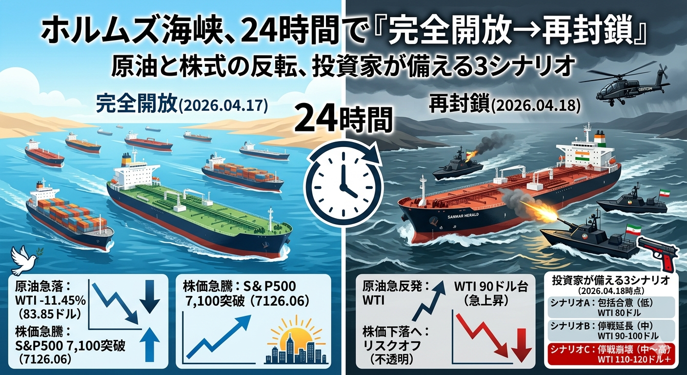 ホルムズ海峡、24時間で「完全開放→再封鎖」──原油と株式の反転、投資家が備える3シナリオ