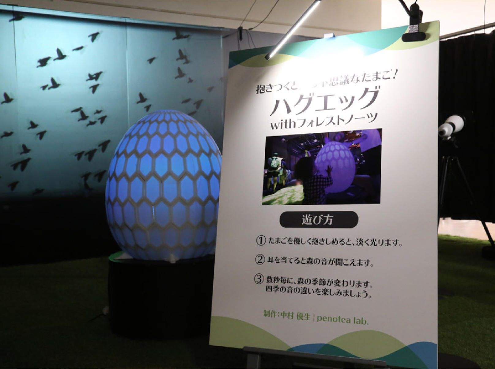 青と紫の模様のある大きな卵型のオブジェと、日本語で説明が書かれた看板が展示されている室内の展示スペース。背景には鳥の群れのシルエットが描かれている壁がある。