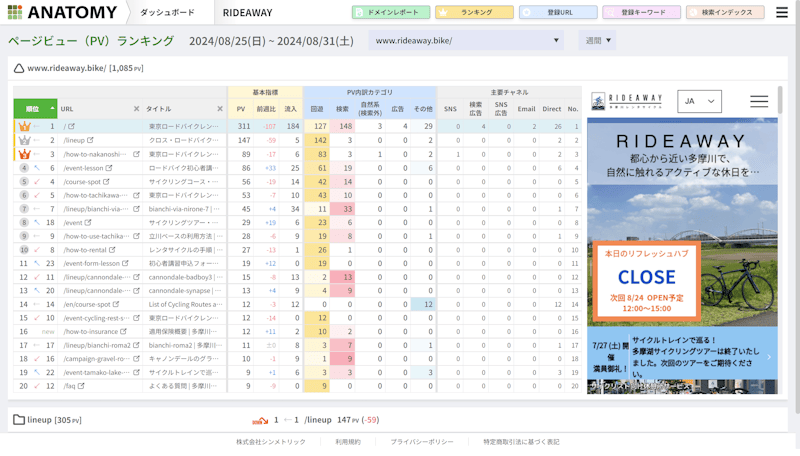 PVランキング機能のレポート画面