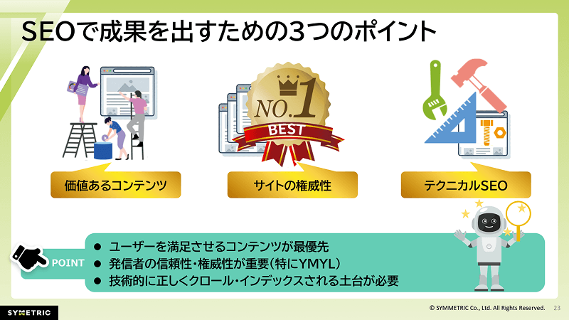 SEOで成果を出すために必要な3要素(価値あるコンテンツ、サイトの権威性、テクニカルSEO)についての説明資料