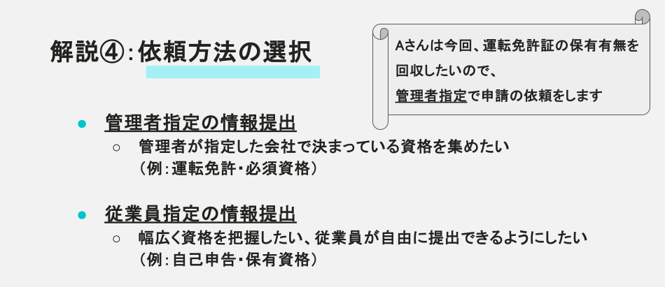 解説④：依頼方法の選択。「管理者指定」は会社で決まっている必須資格などを集めたい場合、「従業員指定」は従業員が自由に提出し幅広く資格を把握したい場合に使用します。今回は運転免許の有無を回収するため「管理者指定」を選択する例が記載されています。