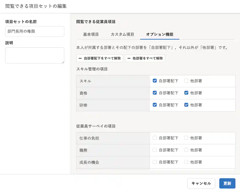閲覧できる項目セットを管理している様子の画面