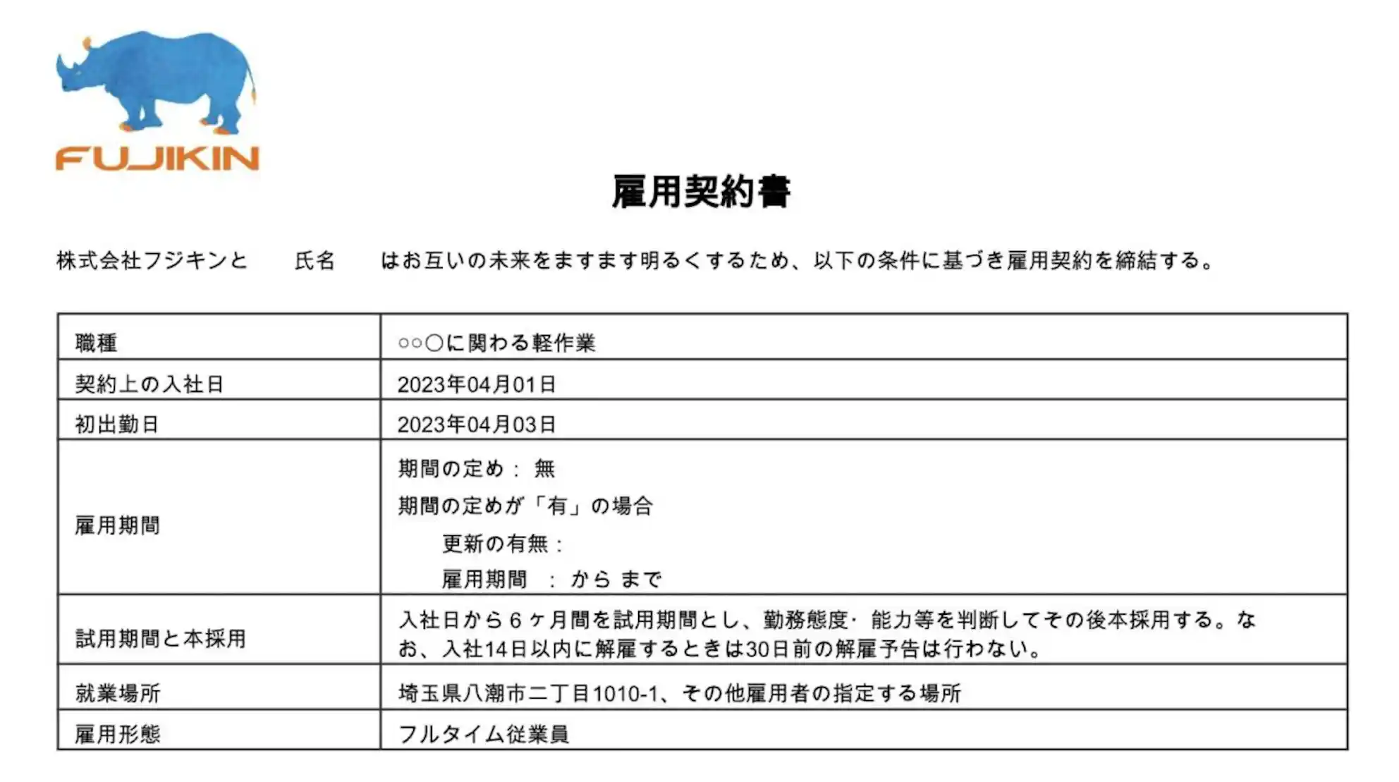雇用契約書のイメージ