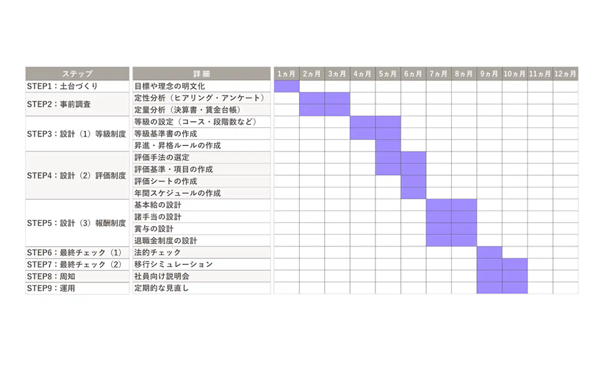 土台づくりから運用まで、全9ステップの導入スケジュールを示した12ヶ月間の工程表。