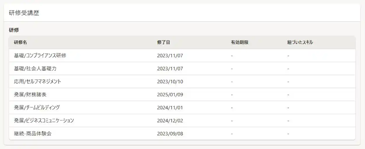 研修受講情報が表示された「キャリア台帳」の画面
