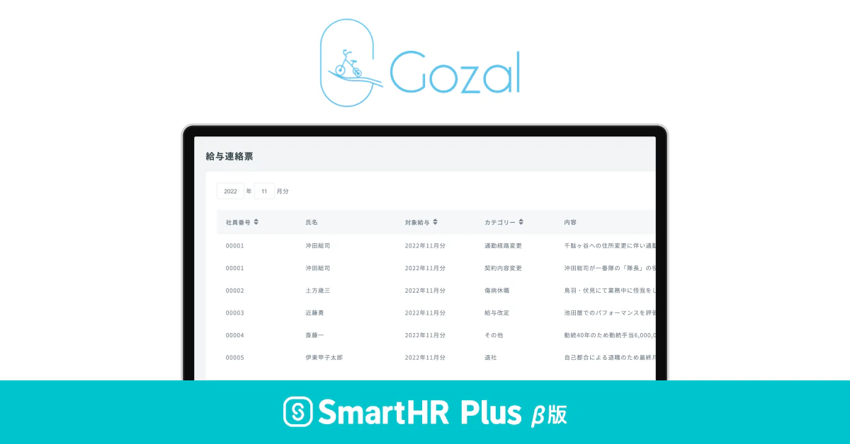 Gozalのロゴと「Gozal」のサービス画面キャプチャ、SmartHR Plus β版のロゴ画像