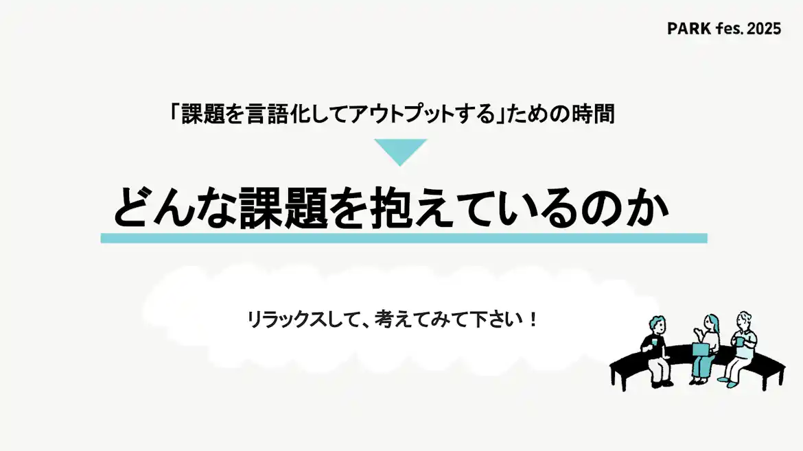 「課題を言語化してアウトプットする」ための時間として「どんな課題を抱えているのか」を問いかけるスライド。