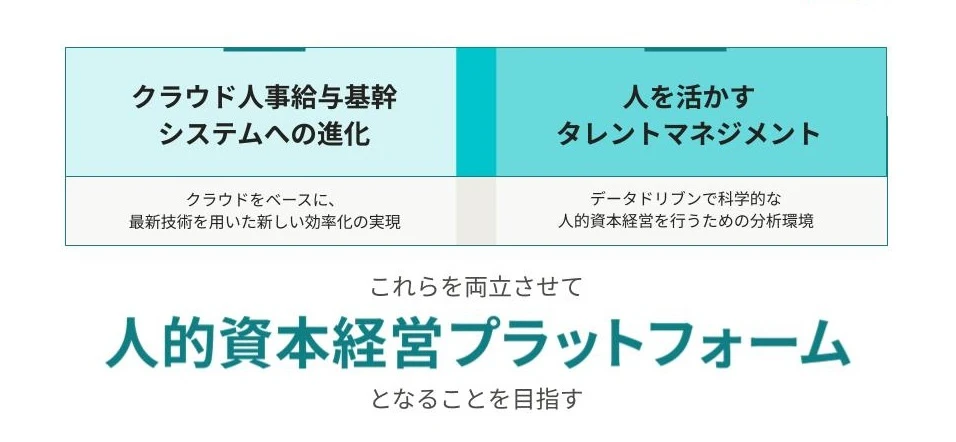 「クラウド人事給与基幹システムへの進化」と「人を活かすタレントマネジメント」これらを両立させて「人的資本経営プラットフォーム」となることを目指す