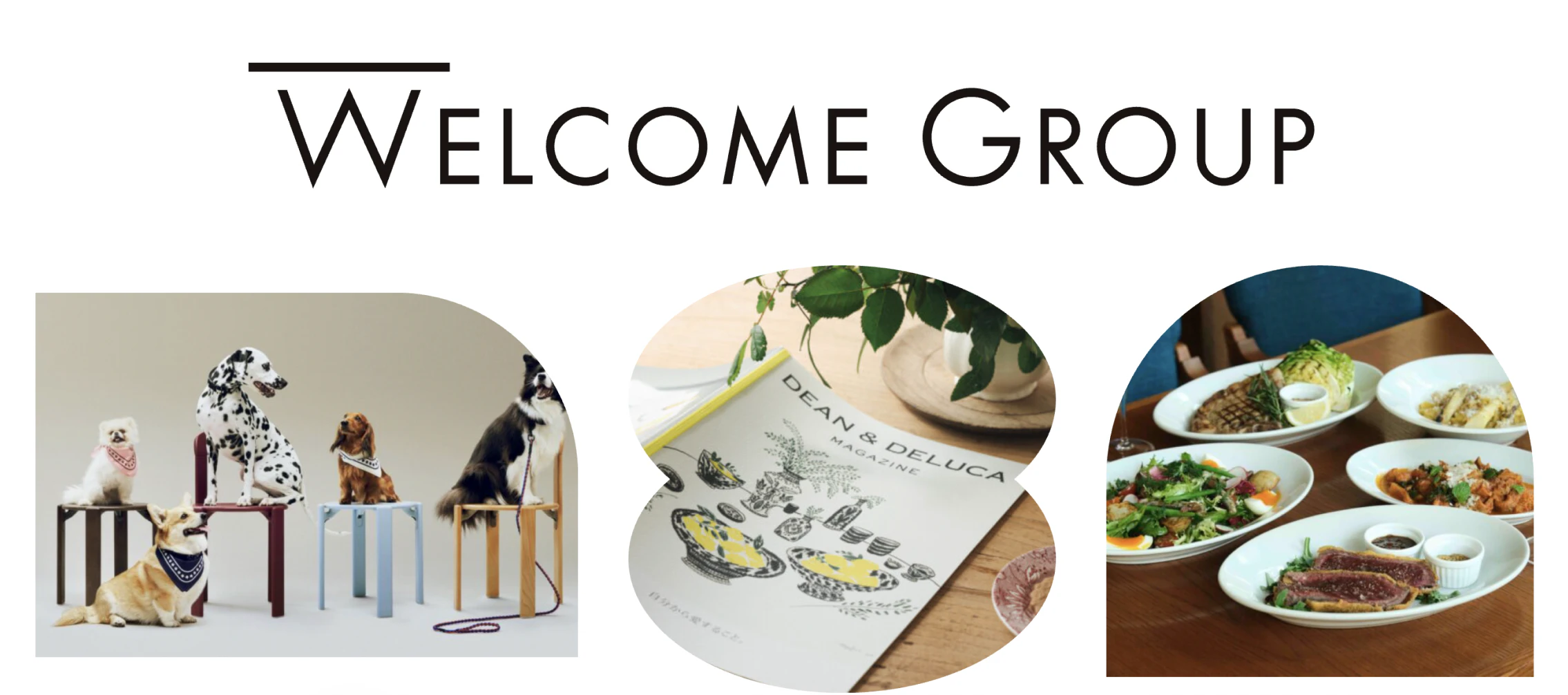 WELCOME GROUPのロゴと事業イメージ写真。
