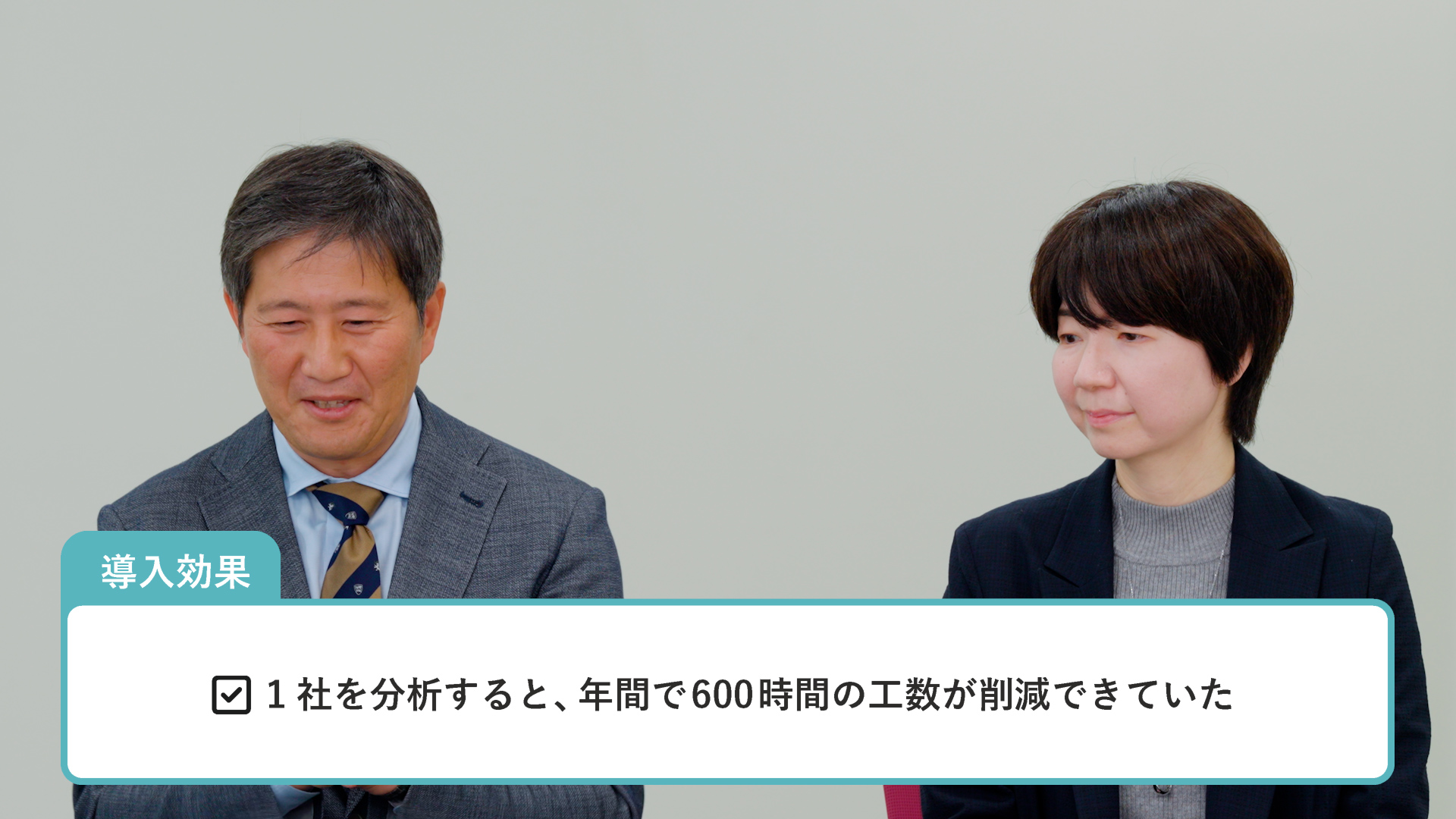 導入効果として「1社を分析すると、年間で600時間の工数が削減できていた」というテキスト情報。背景には、スーツ姿の男性と女性の2人が並んで座っている様子。