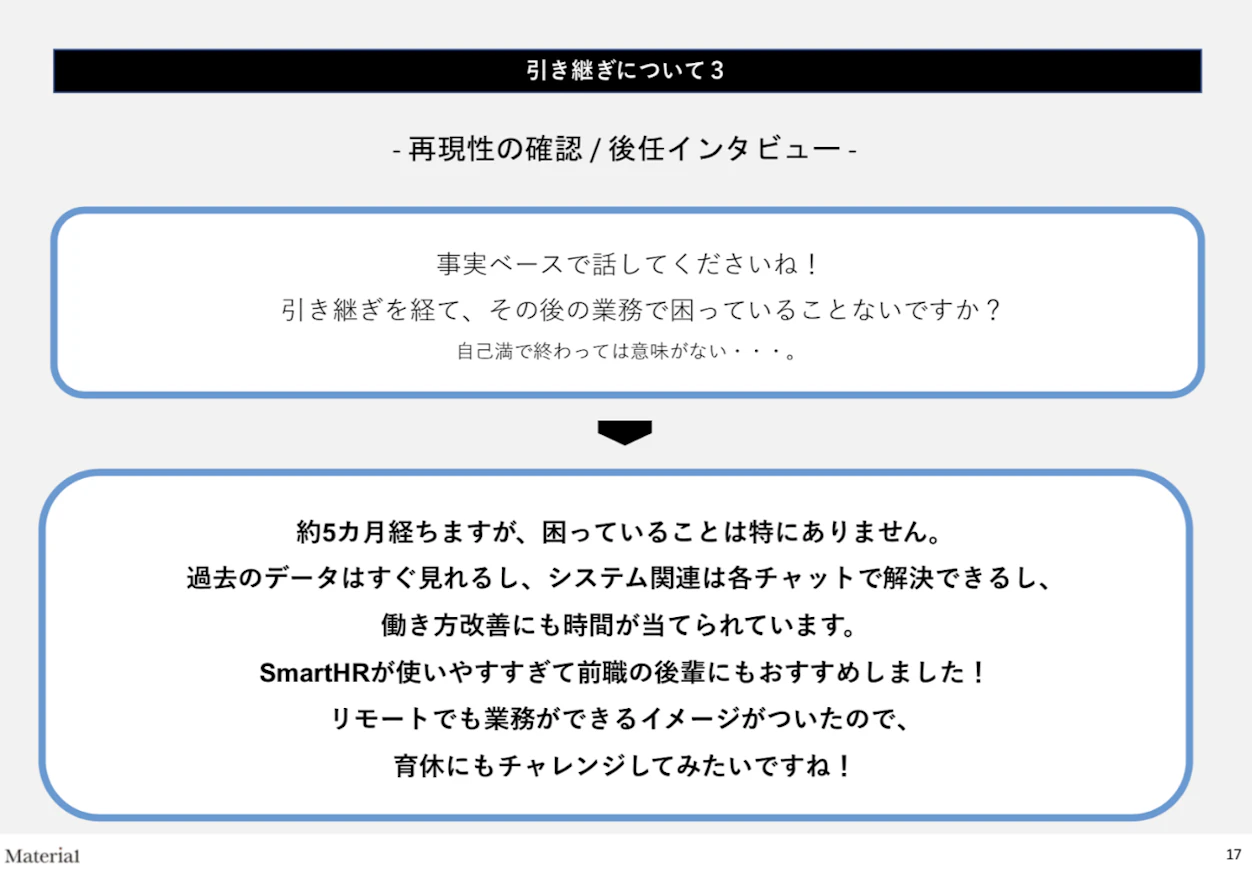再現性の確認、後任インタビュー