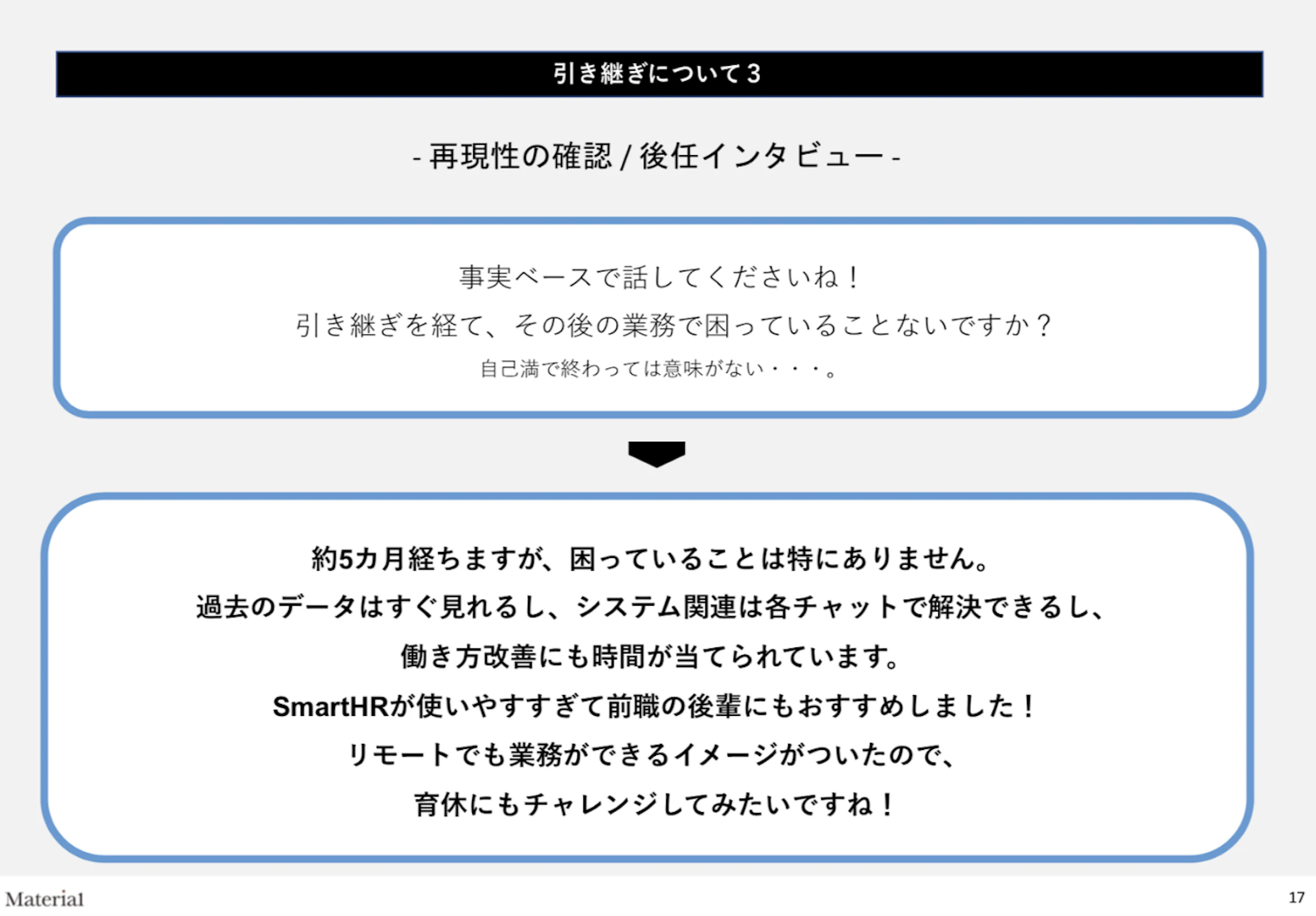再現性の確認、後任インタビュー