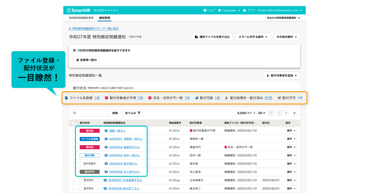 「特別徴収税額通知管理」機能の画面キャプチャ。通知書ファイルの到達状況・配付状況をSmartHR上で一覧管理が可能。