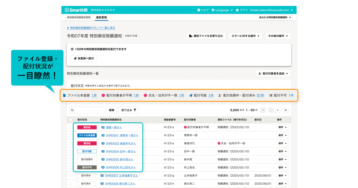 「特別徴収税額通知管理」機能の画面キャプチャ。通知書ファイルの到達状況・配付状況をSmartHR上で一覧管理が可能。