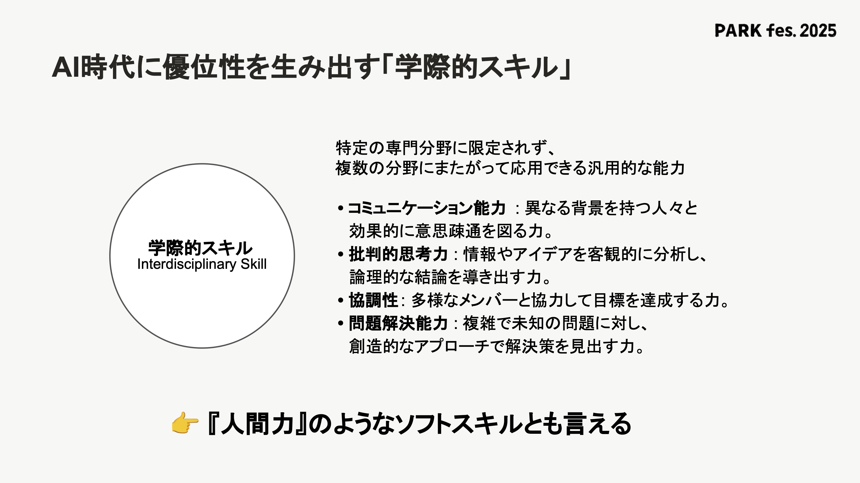 AI時代に優位性を生み出す「学際的スキル」の定義と、コミュニケーション能力、批判的思考力などの要素を解説したスライド。