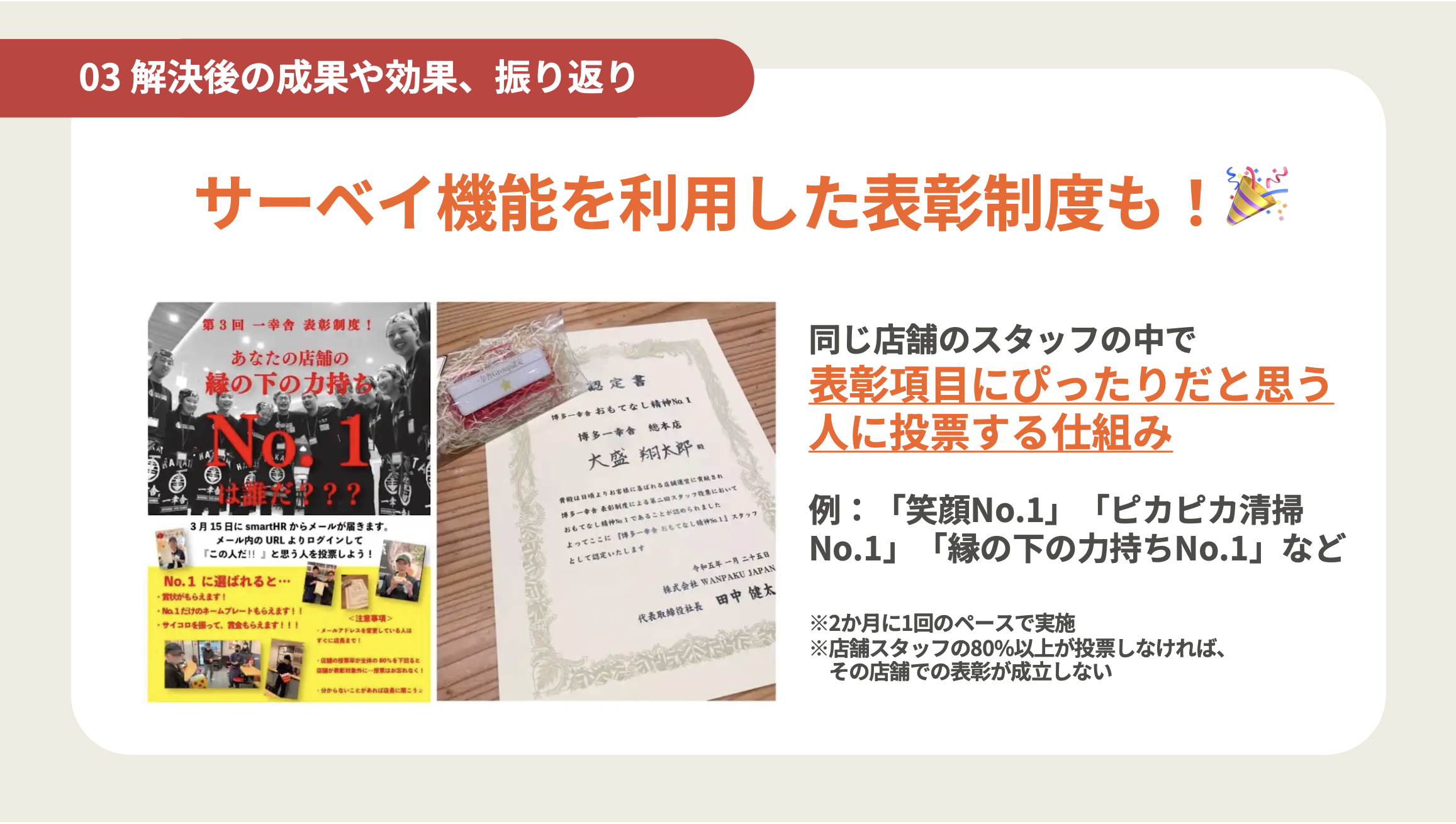 解決後の成果として「サーベイ機能を利用した表彰制度」を紹介するスライド。同じ店舗のスタッフ間で「笑顔No.1」などの表彰項目に合う人に投票する仕組み。実施を知らせる社内ポスターと、授与される認定書の写真が掲載されている。