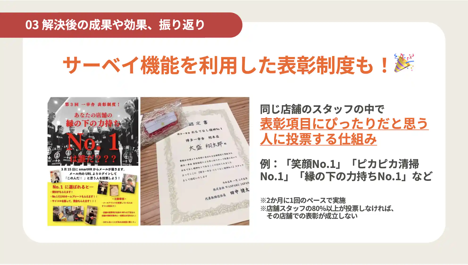 解決後の成果として「サーベイ機能を利用した表彰制度」を紹介するスライド。同じ店舗のスタッフ間で「笑顔No.1」などの表彰項目に合う人に投票する仕組み。実施を知らせる社内ポスターと、授与される認定書の写真が掲載されている。