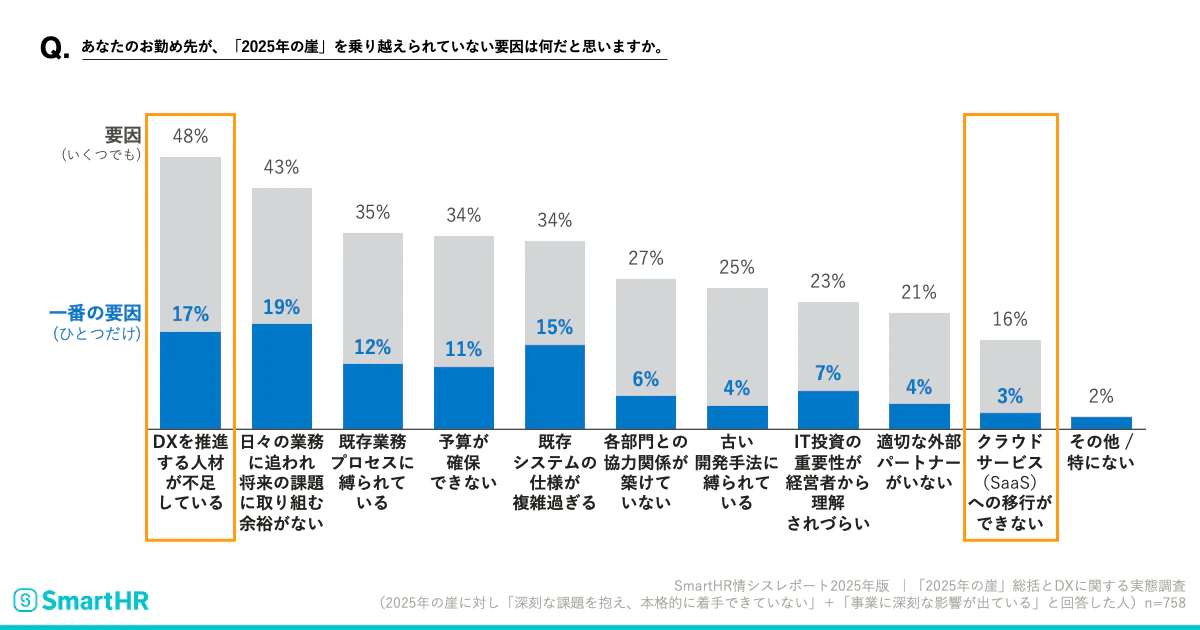 あなたのお勤め先が、『2025年の崖』を乗り越えられていない要因は何だと思いますか(複数回答可)