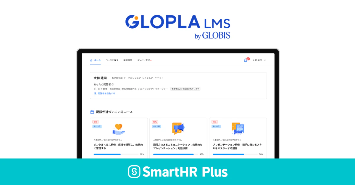 LOPLA LMSのロゴ、実際の利用画面イメージ、SmartHR Plus β版のロゴがあるアイキャッチ画像