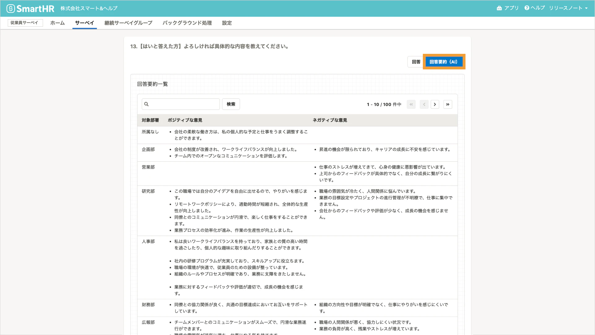 回答要約（AI）機能の実際の利用画面イメージ。画面右上に「回答要約（AI）」ボタンがあり、押下すると機能を利用できる。ボタンの箇所がわかるようにオレンジ枠で囲われている。