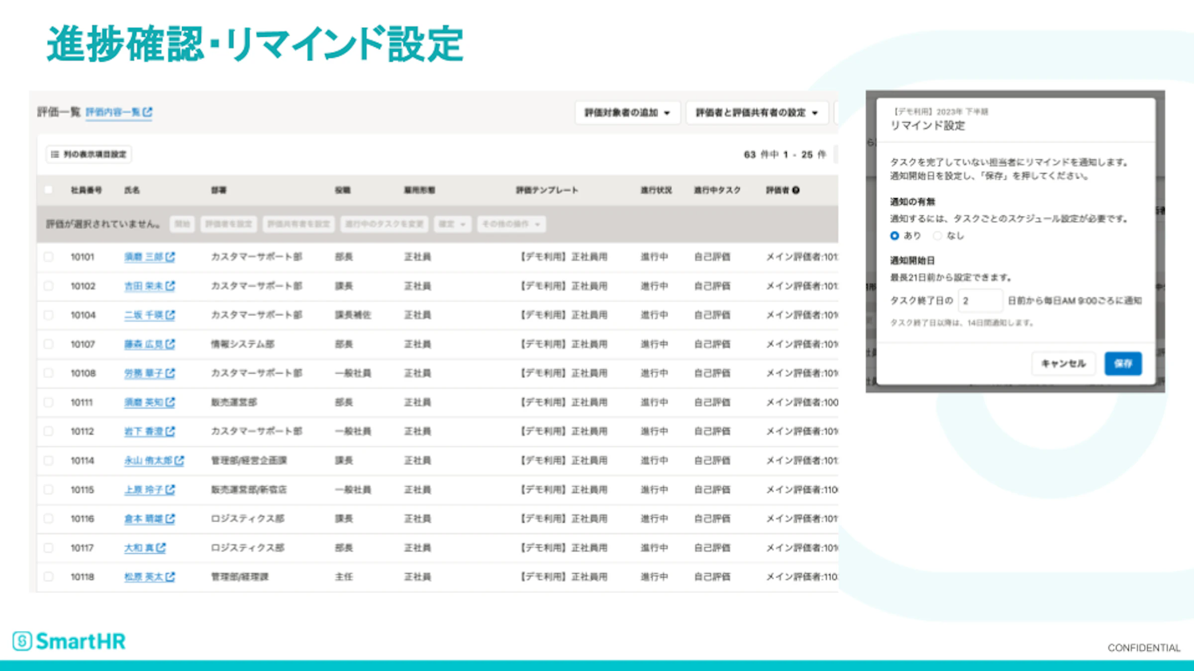 人事評価機能でリマインドメールを設定するイメージ。