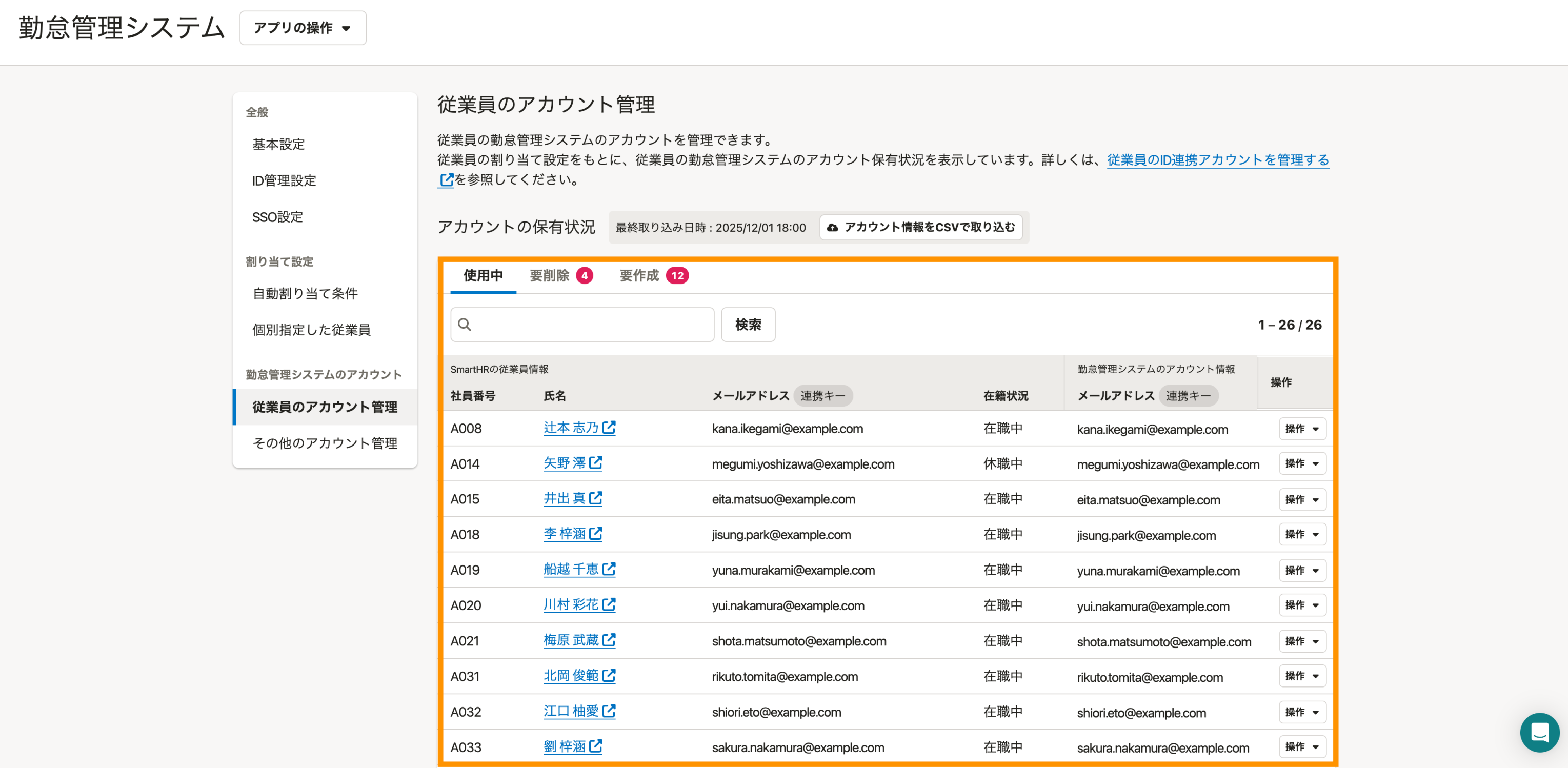 SmartHRのID管理機能の従業員アカウント管理画面。従業員ごとに在籍状況やメールアドレス、アカウントの使用状況（使用中・要削除・要作成）が一覧で表示されている。